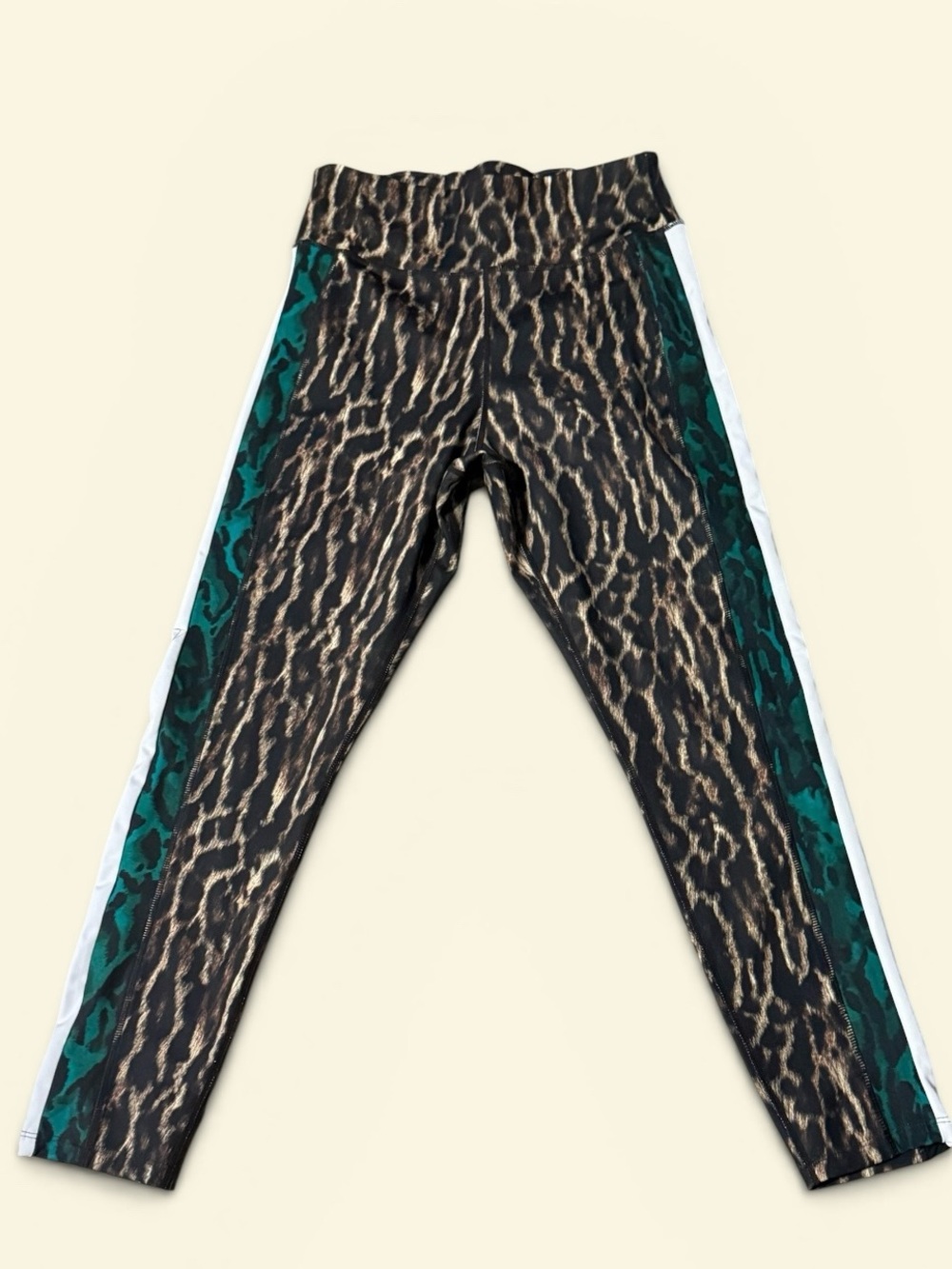 Pam & Gela Leopard Print Leggings with Green and White Side Stripes